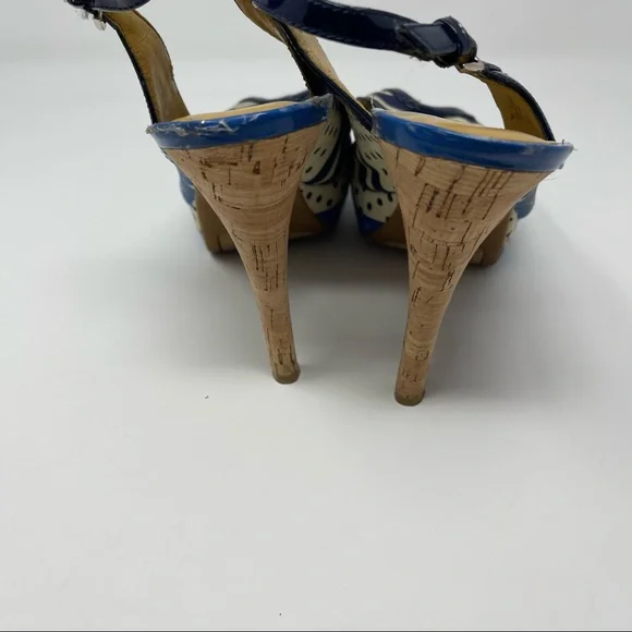 Nine West Blue Patterned Cork Heel Slingback Peep Toe Pumps Size 10 - Picture 8 of 8